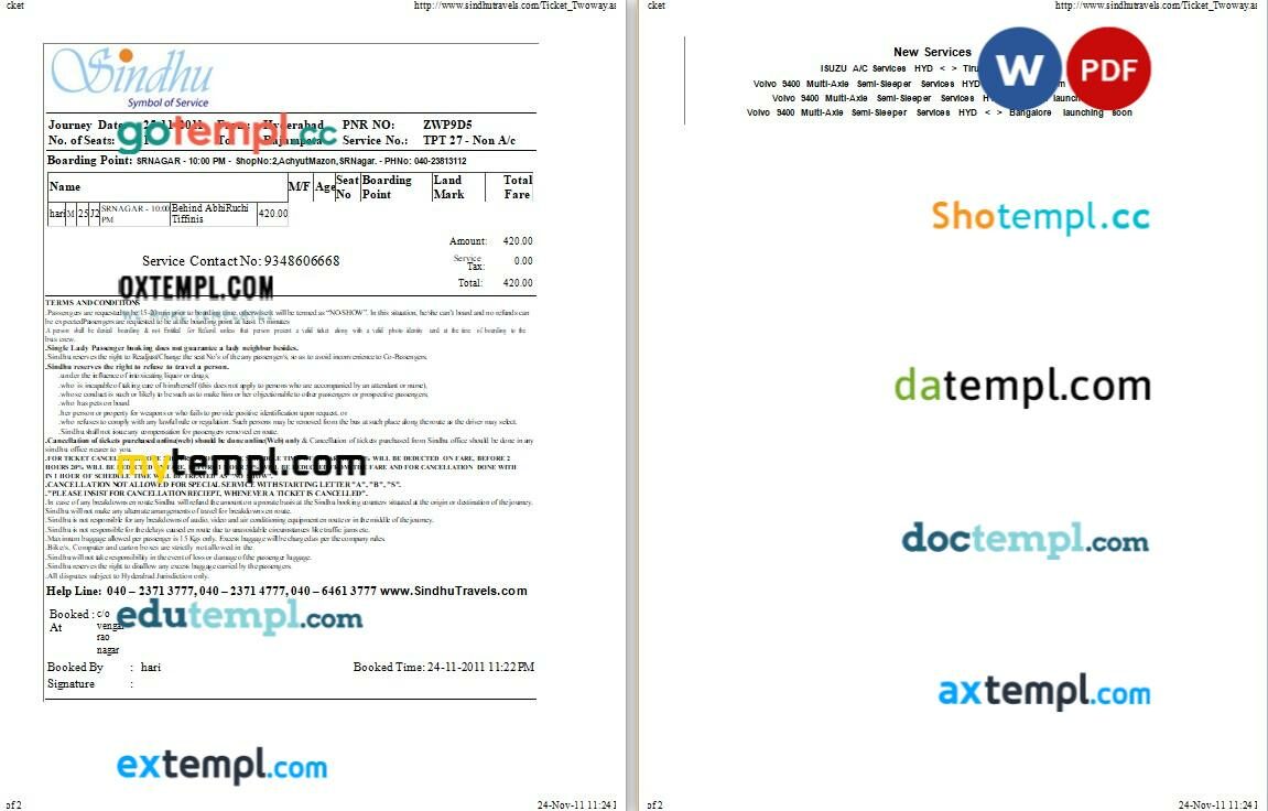 Sindhu bus e-ticket, Word and PDF download template, 2 pages