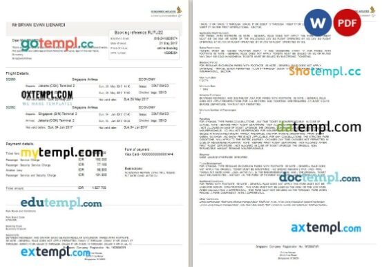 Singapore Airlines airplane e-ticket, Word and PDF download template, 4 pages