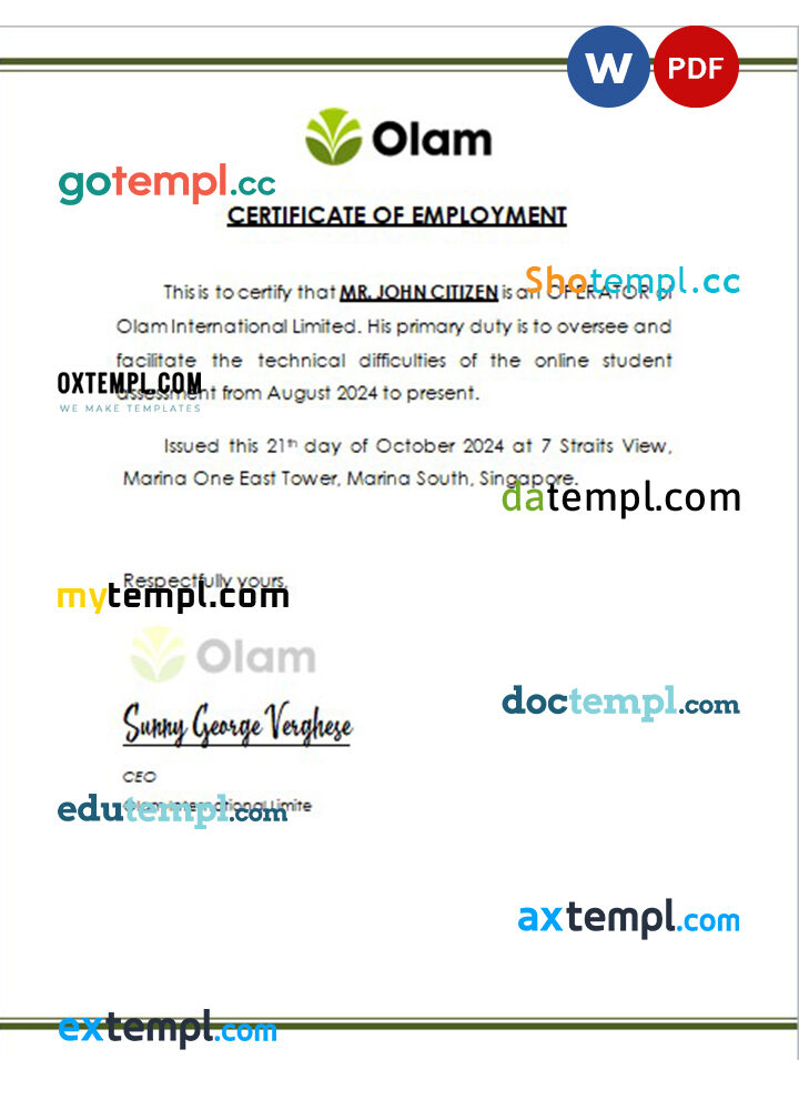 Singapore Olam International Limited certificate of employment Word and PDF download template