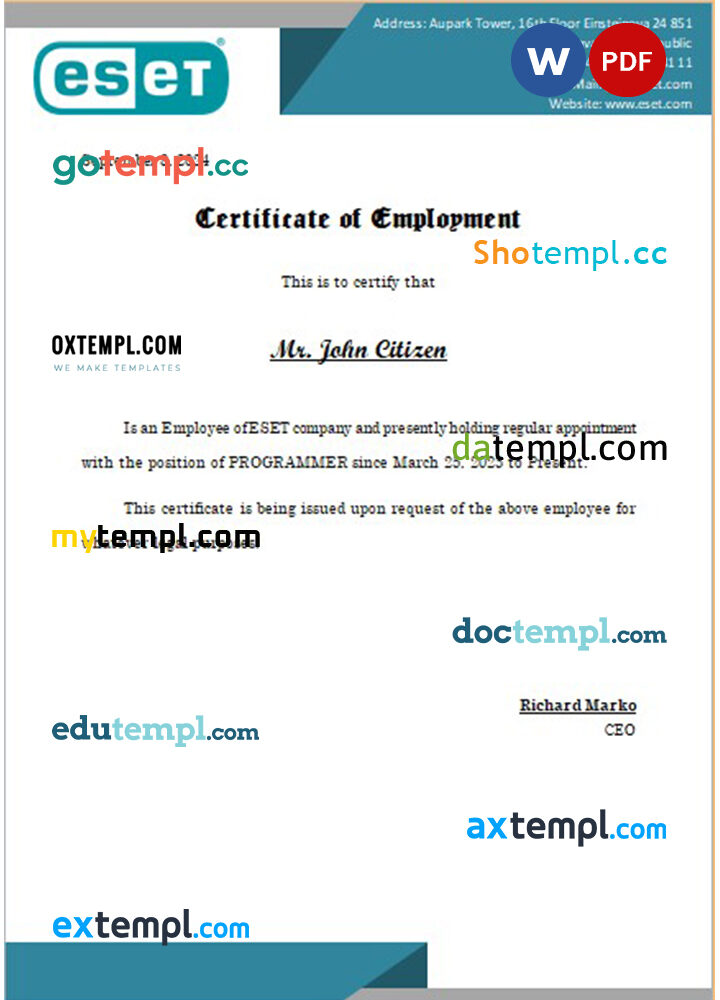 Slovakia ESET certificate of employment Word and PDF download template