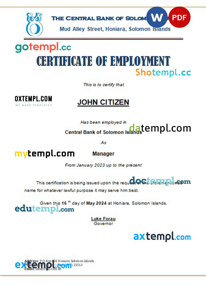 Solomon Islands Central Bank certificate of employment Word and PDF download template