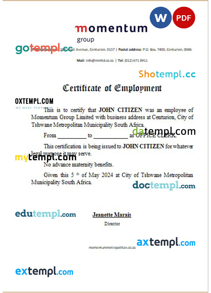 South Africa Momentum Group Limited certificate of employment Word and PDF download template