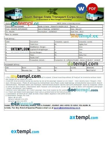 South Bengal State Transport Corporation bus e-ticket, Word and PDF download template