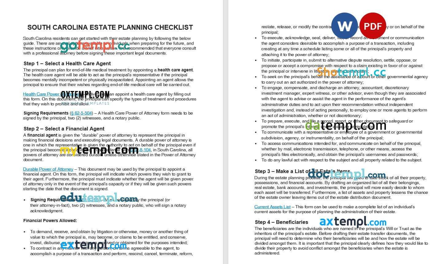 South Carolina Estate Planning Checklist example, fully editable