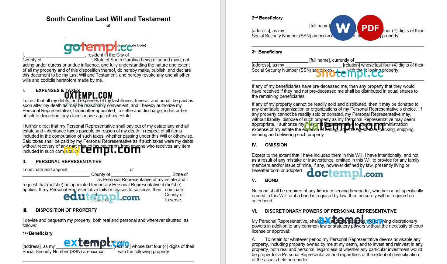 South Carolina Last Will and Testament example, fully editable