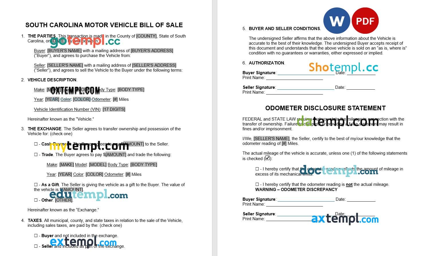 South Carolina Motor Vehicle Bill of Sale example, fully editable