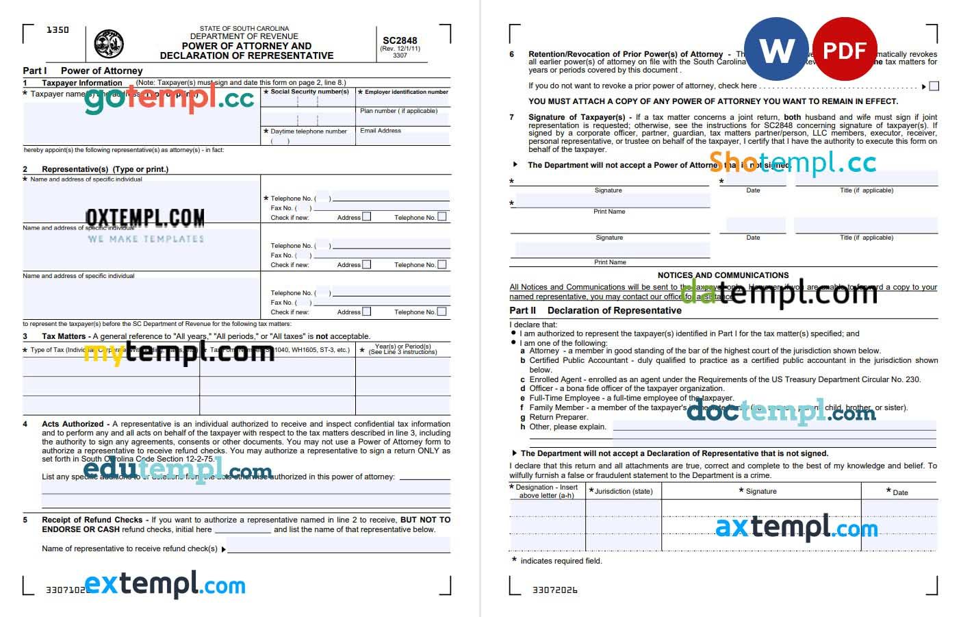 South Carolina Tax Power of Attorney example, fully editable