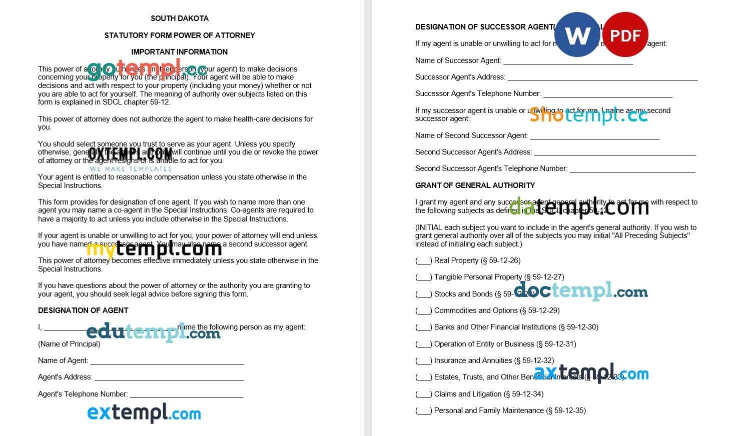 South Dakota Durable Financial Power of Attorney Form example, fully editable