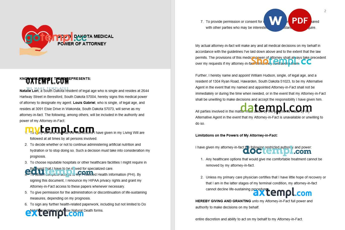 South Dakota Medical Power of Attorney example, fully editable