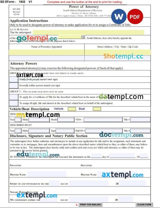 South Dakota Motor Vehicle Power of Attorney Form example, fully editable