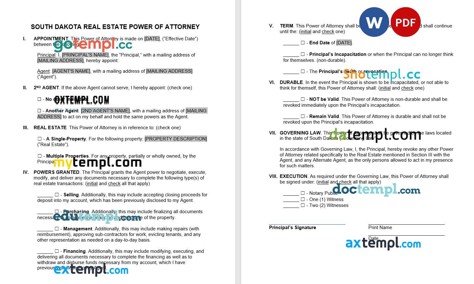 South Dakota Real Estate Power of Attorney Form example, fully editable