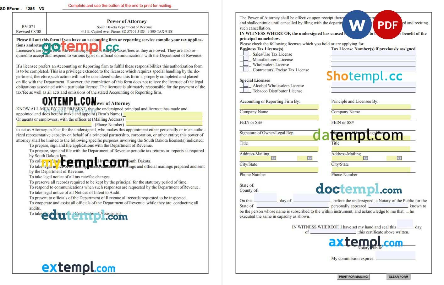 South Dakota Tax Power of Attorney Form example, fully editable