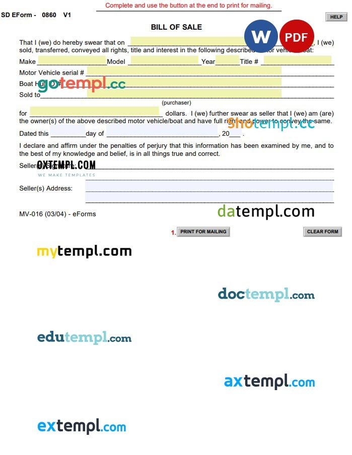 South Dakota Vehicle Boat Bill of Sale example, fully editable