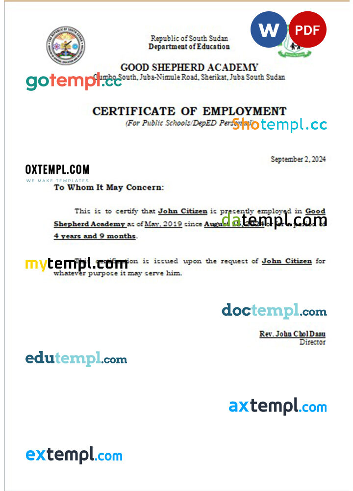 South Sudan Good Shepherd Academy certificate of employment Word and PDF download template