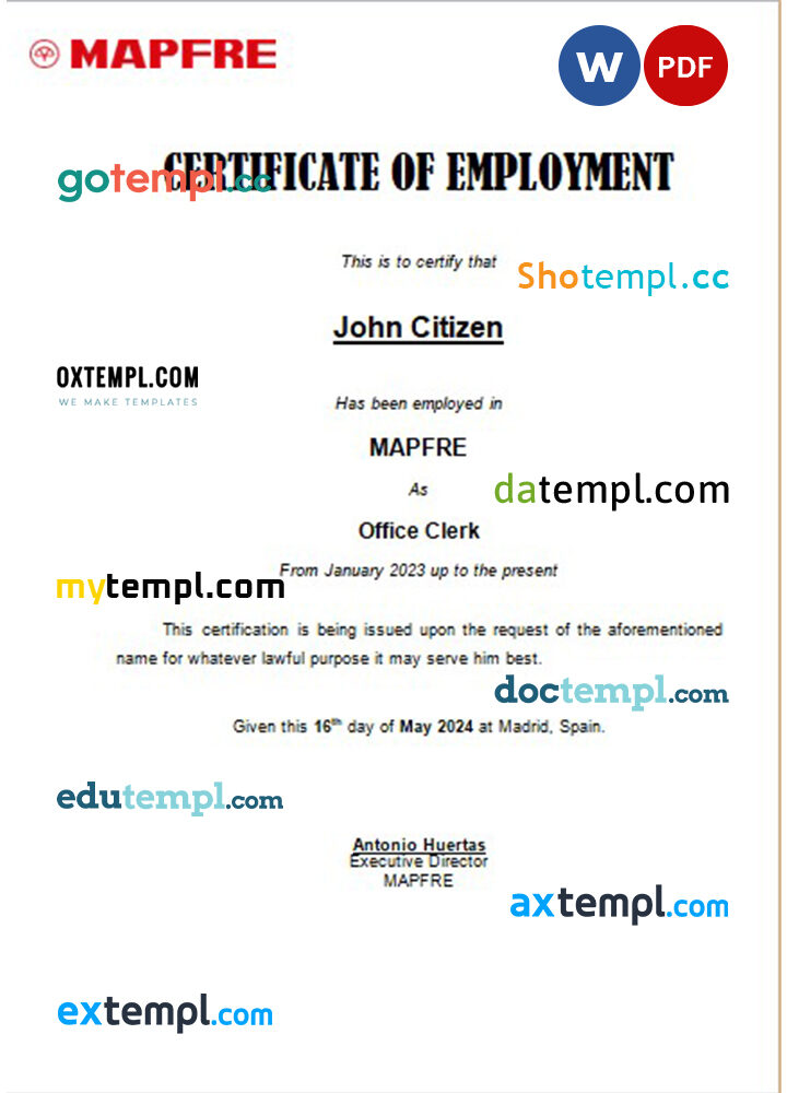 Spain Mapfre certificate of employment Word and PDF download template