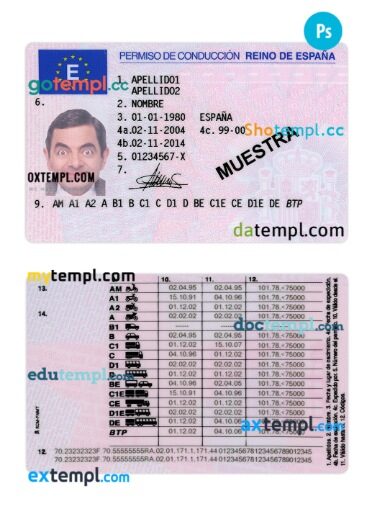 Spain driving license download example in PSD format, version 2