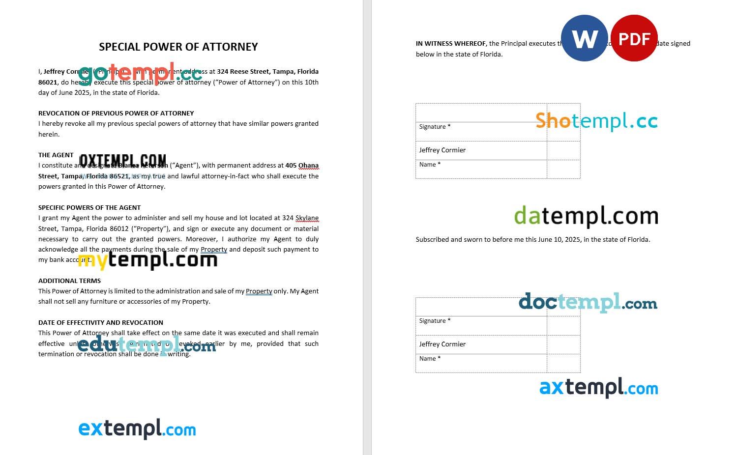 Special Power of Attorney Form example, fully editable