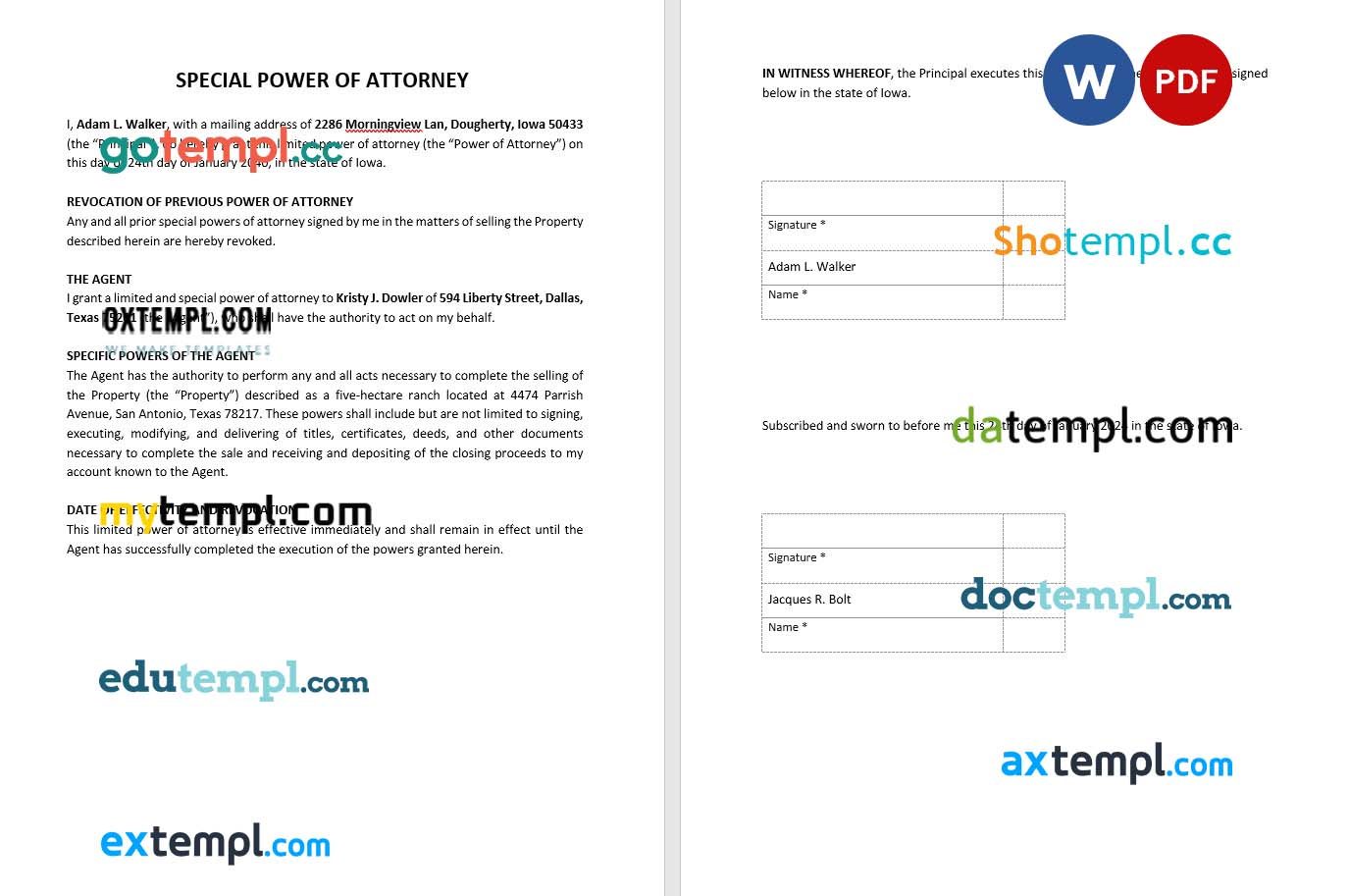 Special Power of Attorney to Sell Property example, fully editable