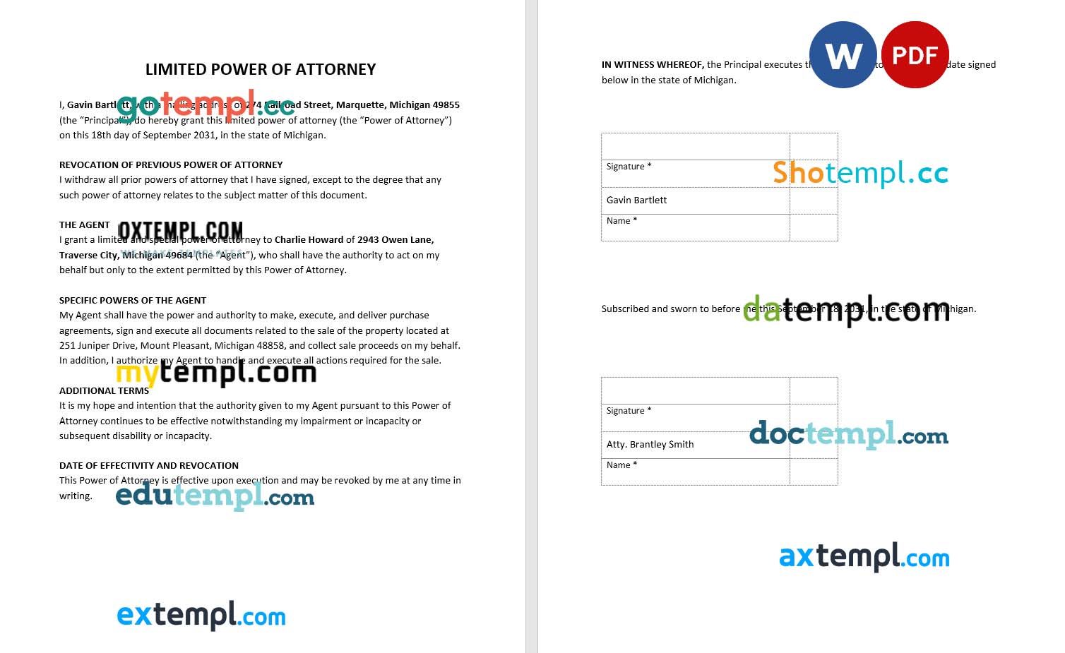 Special or Limited Power of Attorney Form example, fully editable