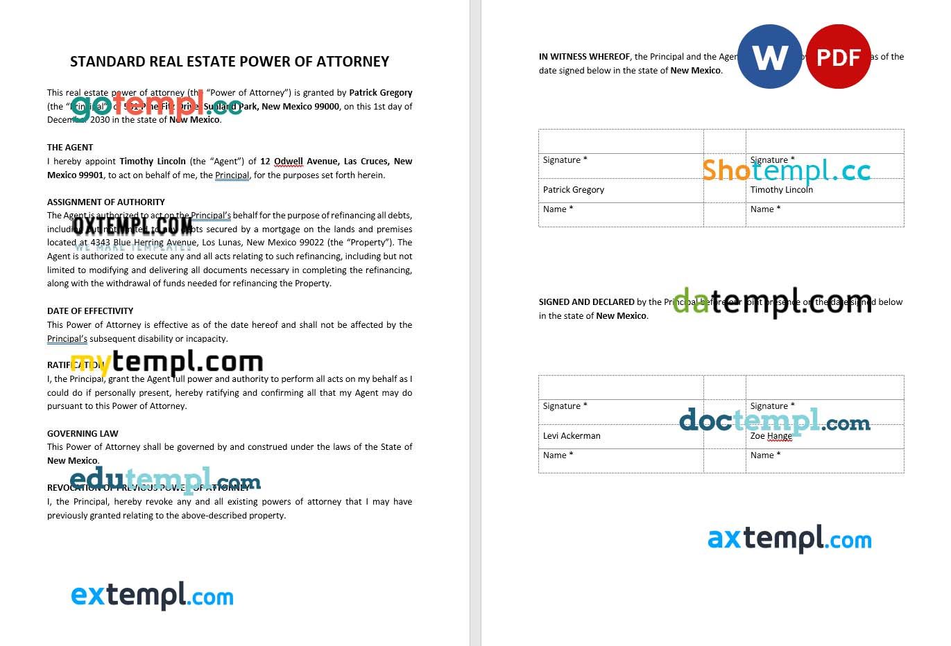 Standard Real Estate Power of Attorney example, fully editable