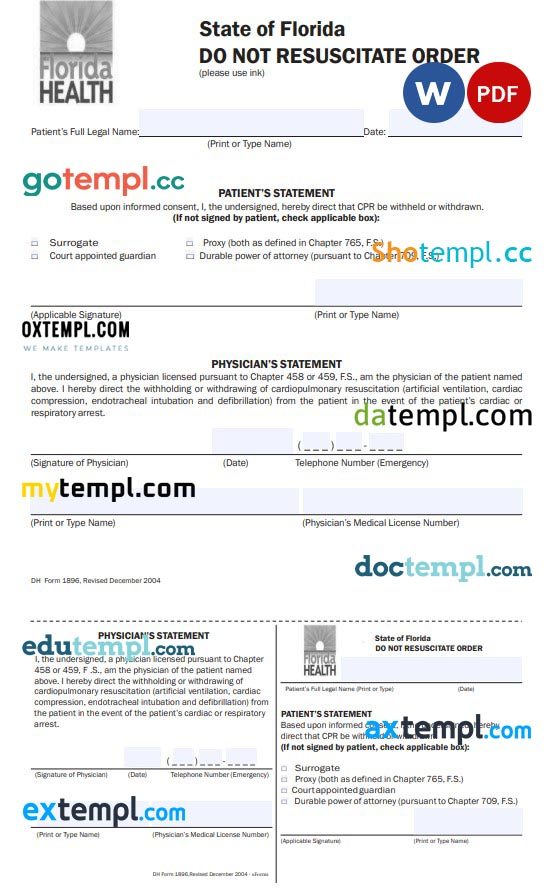 State of Florida Do Not Resuscitate Form DNR example, fully editable