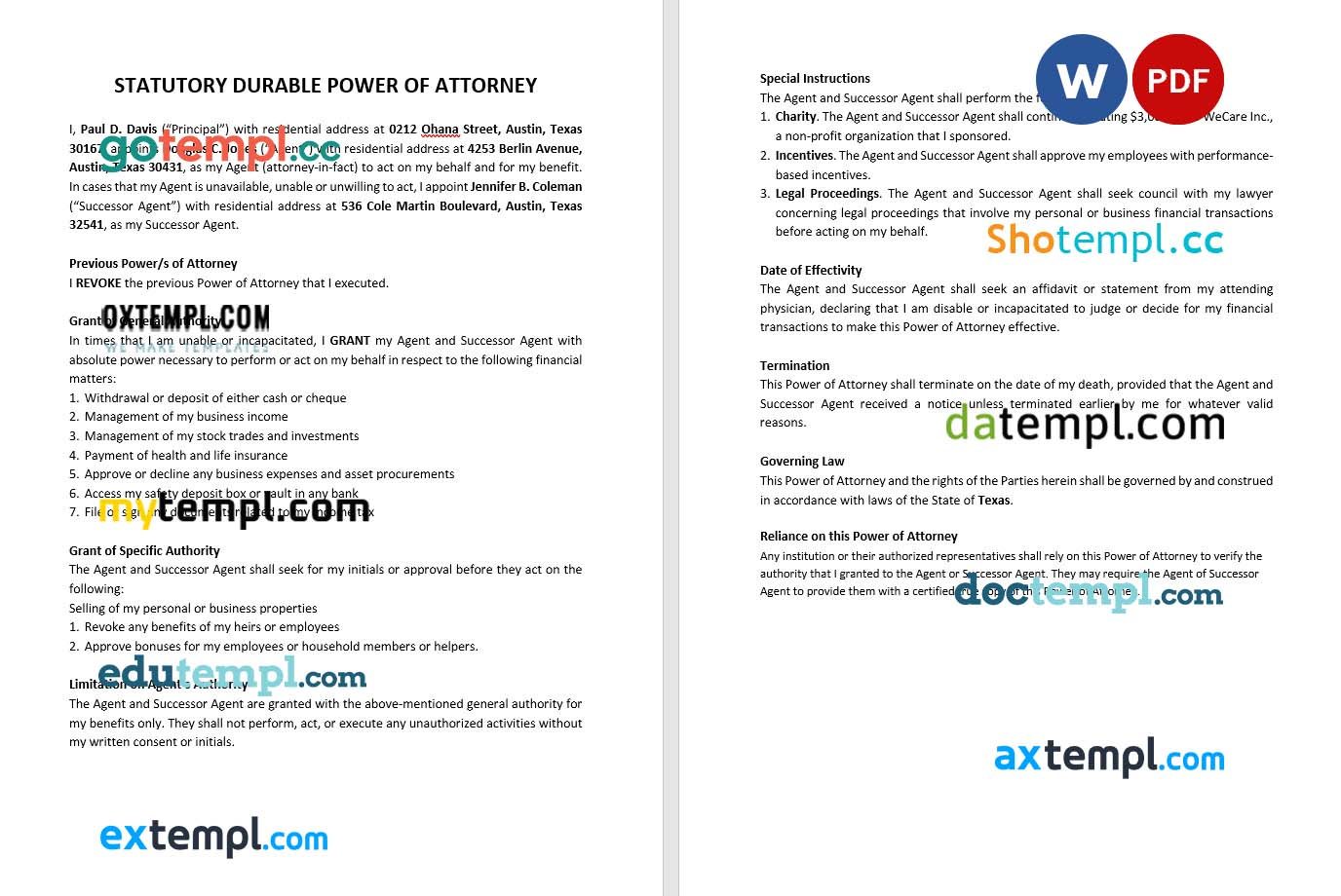 Statutory Durable Power of Attorney example, fully editable