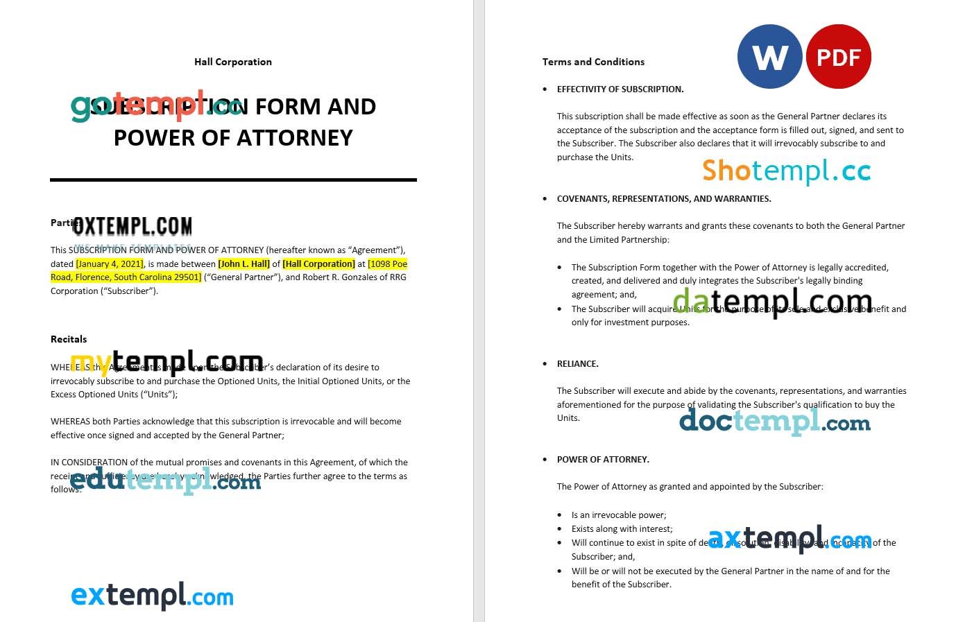 Subscription Form and Power of Attorney example, fully editable