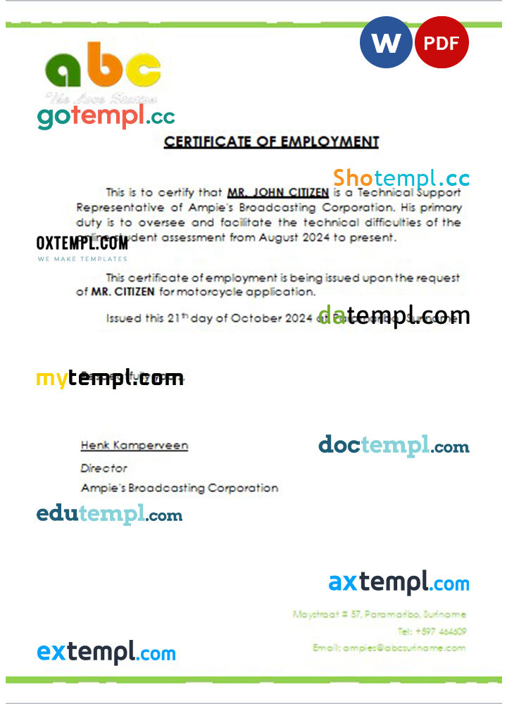 Suriname Ampie's Broadcasting Corporation certificate of employment Word and PDF download template