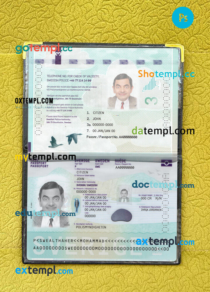 Sweden passport psd files, editable scan and snapshot sample, 2 in 1, 2022 - present