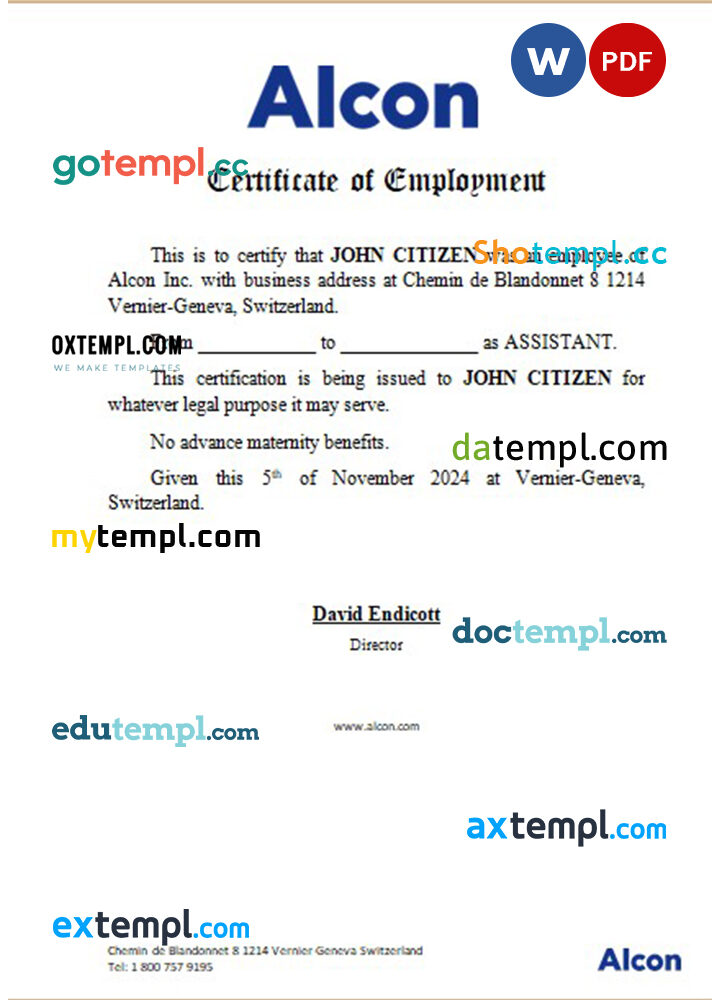 Switzerland Alcon Inc. certificate of employment Word and PDF download template