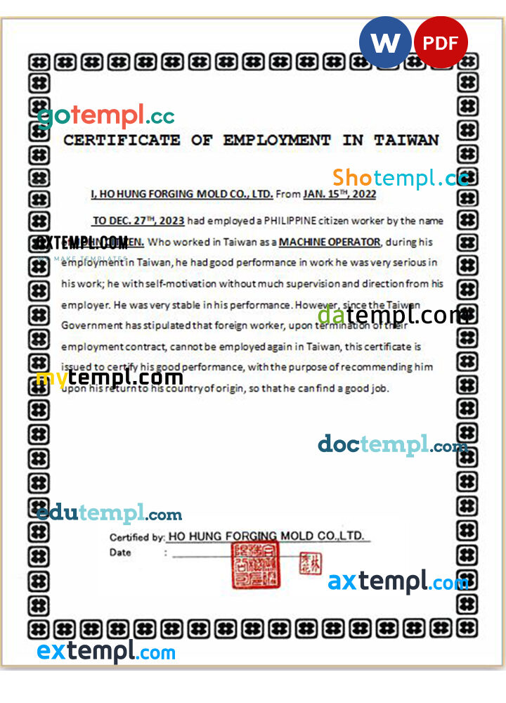 Taiwan Ho Hung Forging Mold Co. Ltd certificate of employment Word and PDF download template