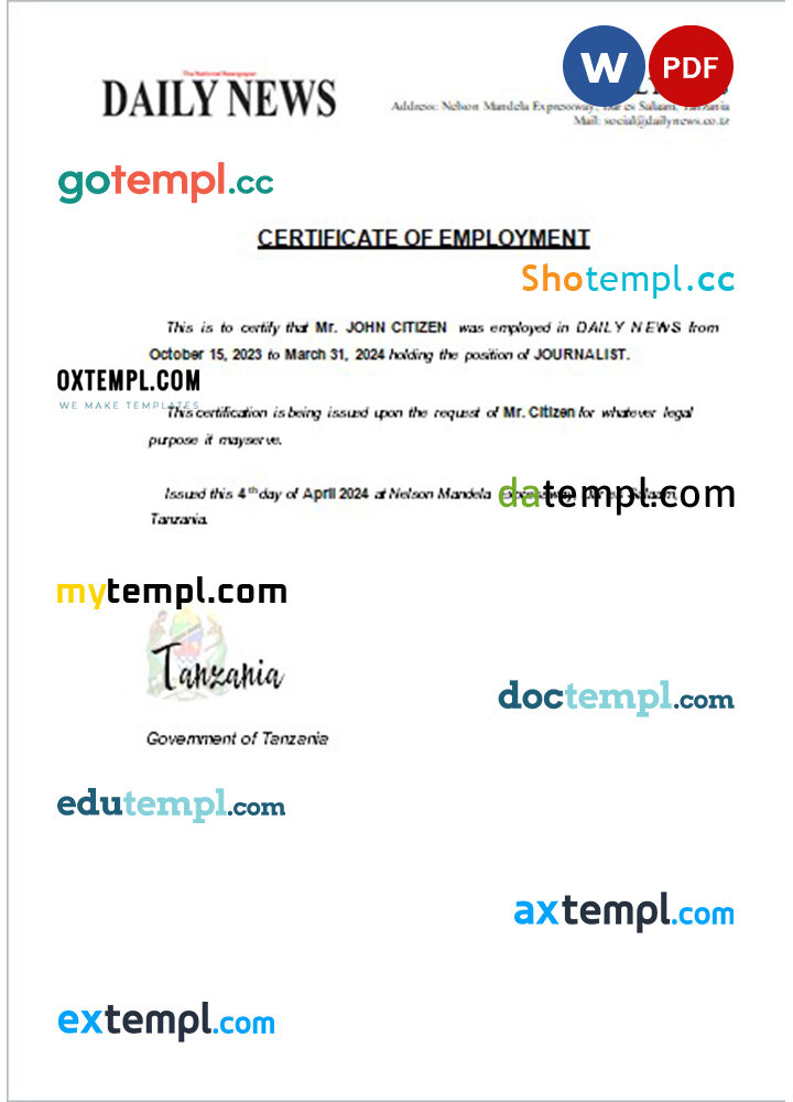 Tanzania Daily News certificate of employment Word and PDF download template