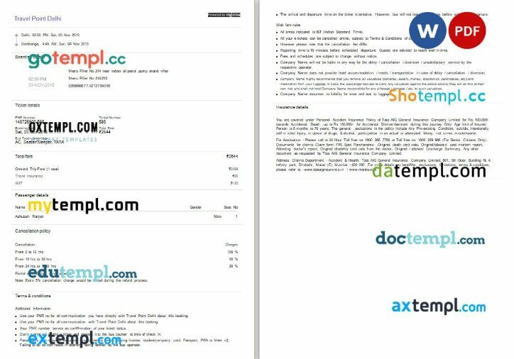 Tata AIG General Insurance Company Limited bus e-ticket, Word and PDF download template, 2 pages