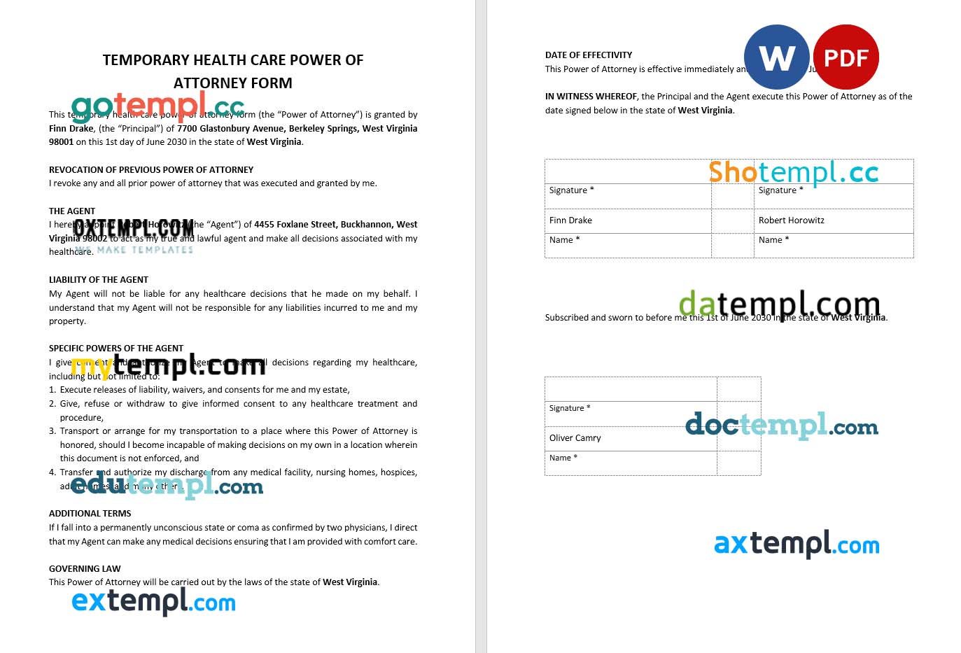 Temporary Health Care Power of Attorney Form example, fully editable