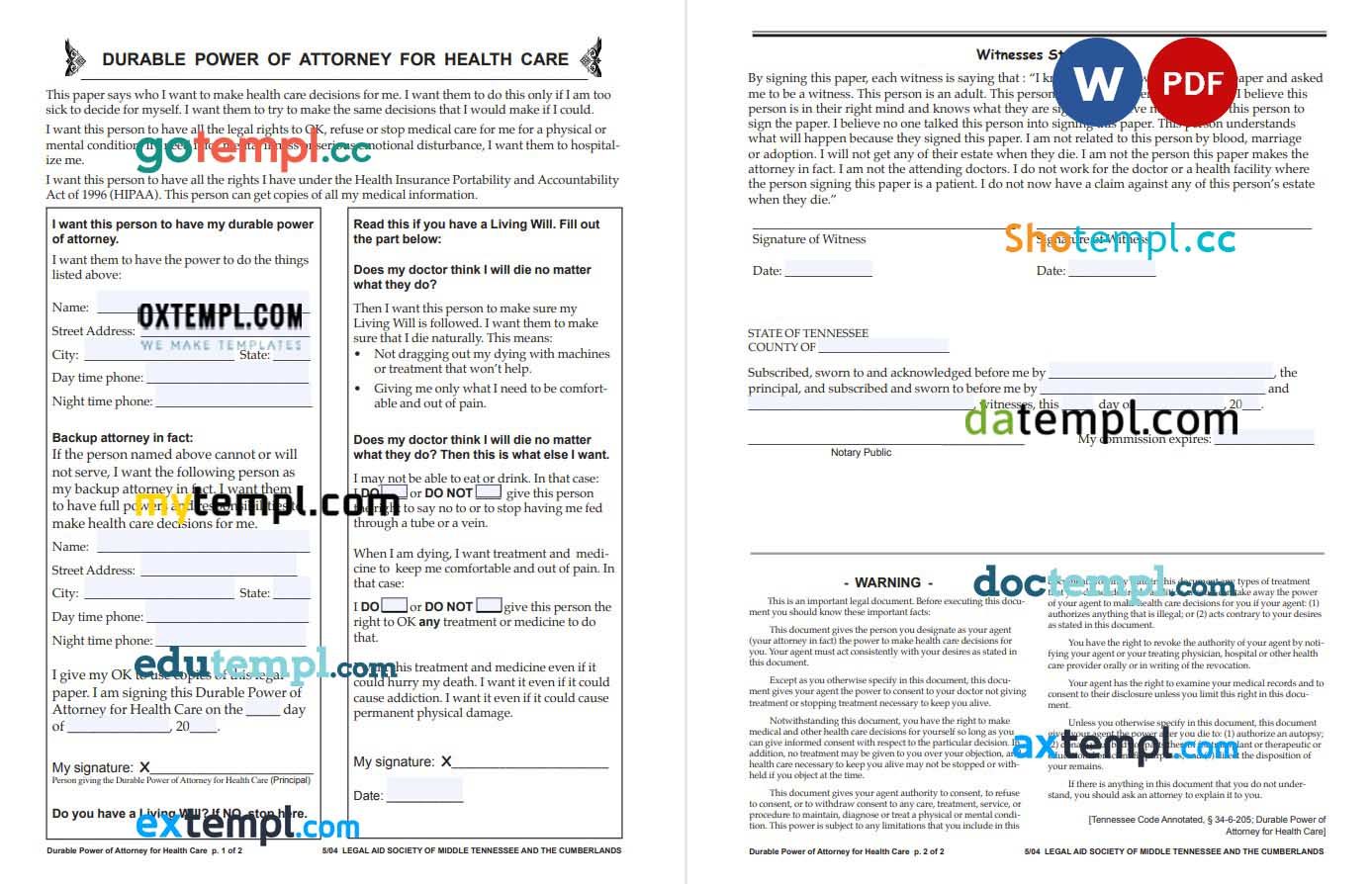 Tennessee Durable Health Care Power of Attorney example, fully editable