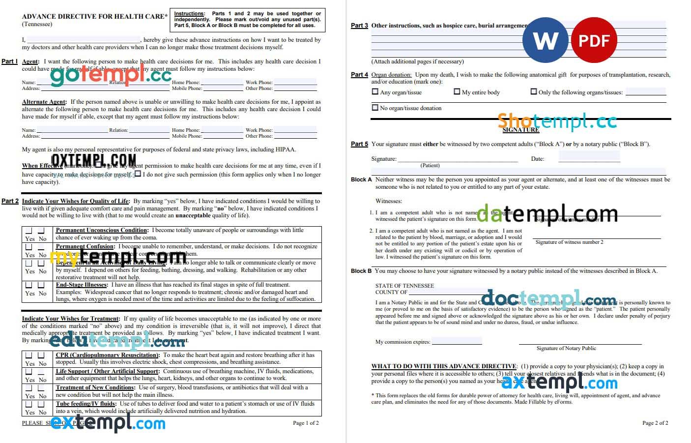 Tennessee Gov. Advance Directive for Health Care example, fully editable