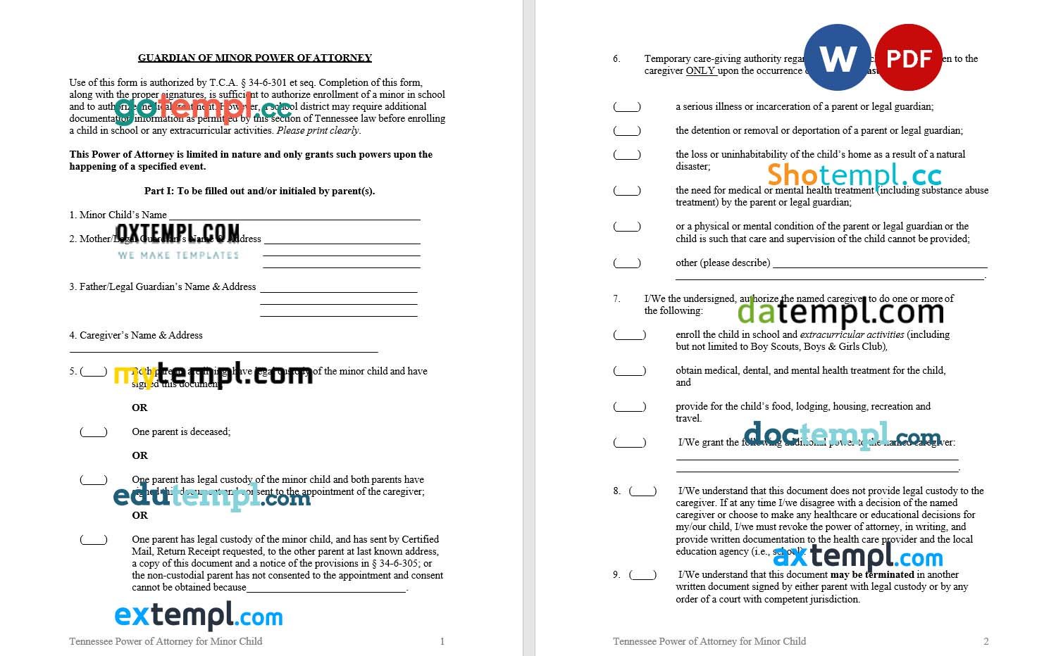 Tennessee Guardian of Minor Power of Attorney example, fully editable