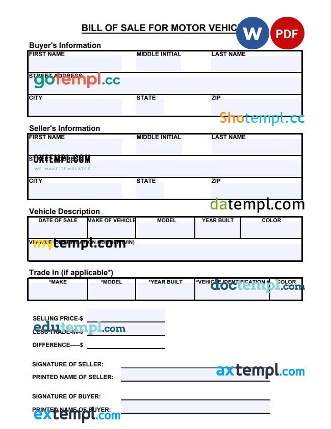 Tennessee Motor Vehicle Bill of Sale example, fully editable