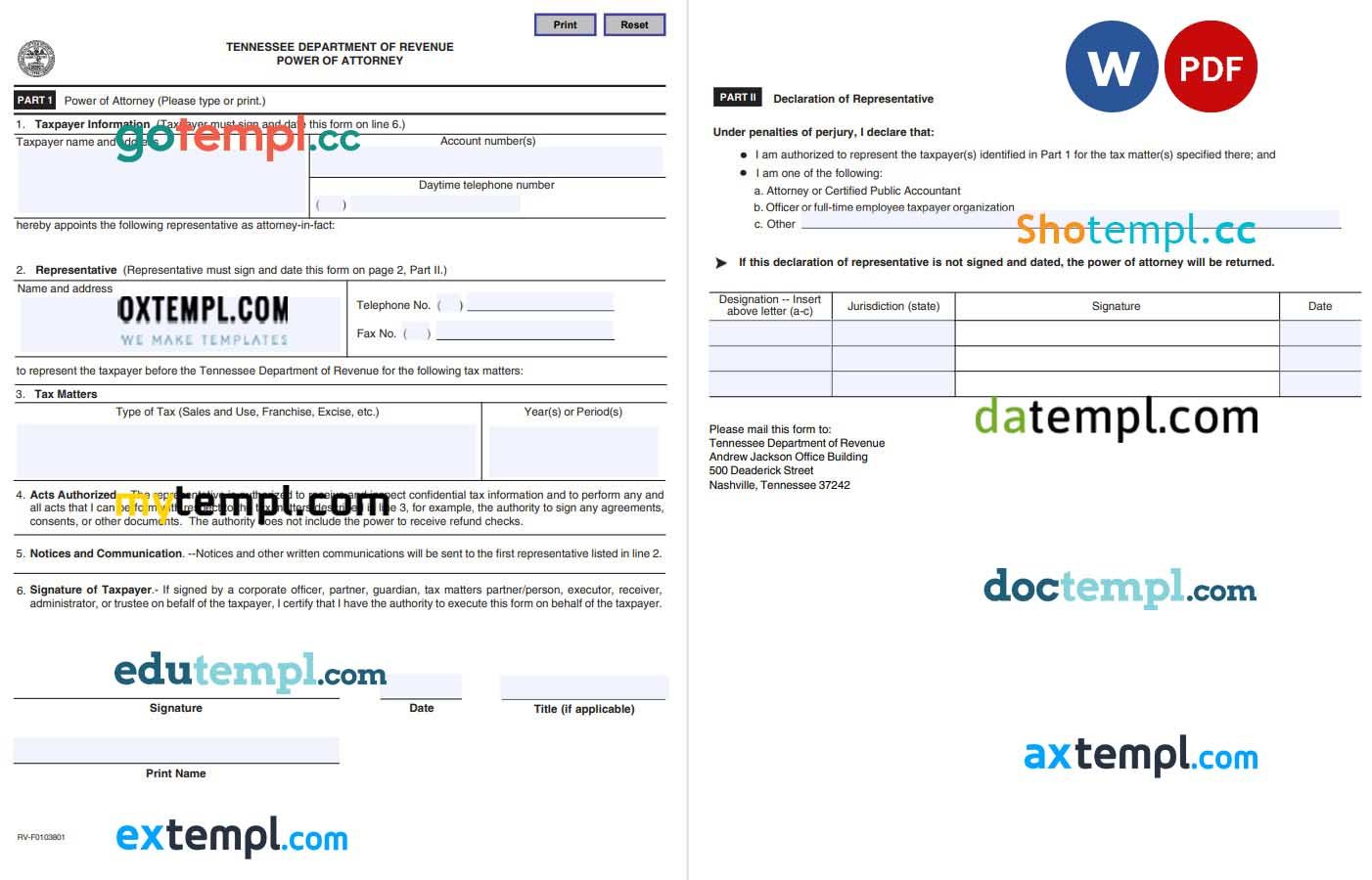 Tennessee Tax Power of Attorney Form RV example, fully editable