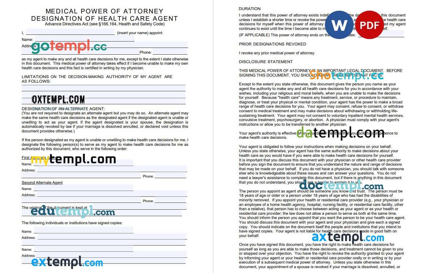 Texas Durable Power of Attorney Form for Health Care example, fully editable