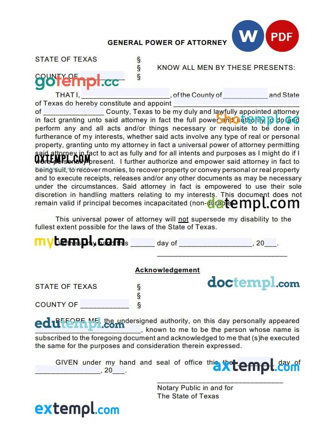 Texas General Power of Attorney Form example, fully editable