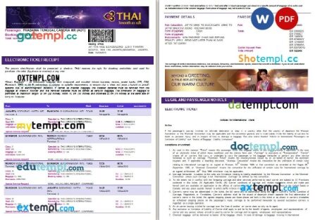 Thai Airways International airplane e-ticket, Word and PDF download template, 3 pages