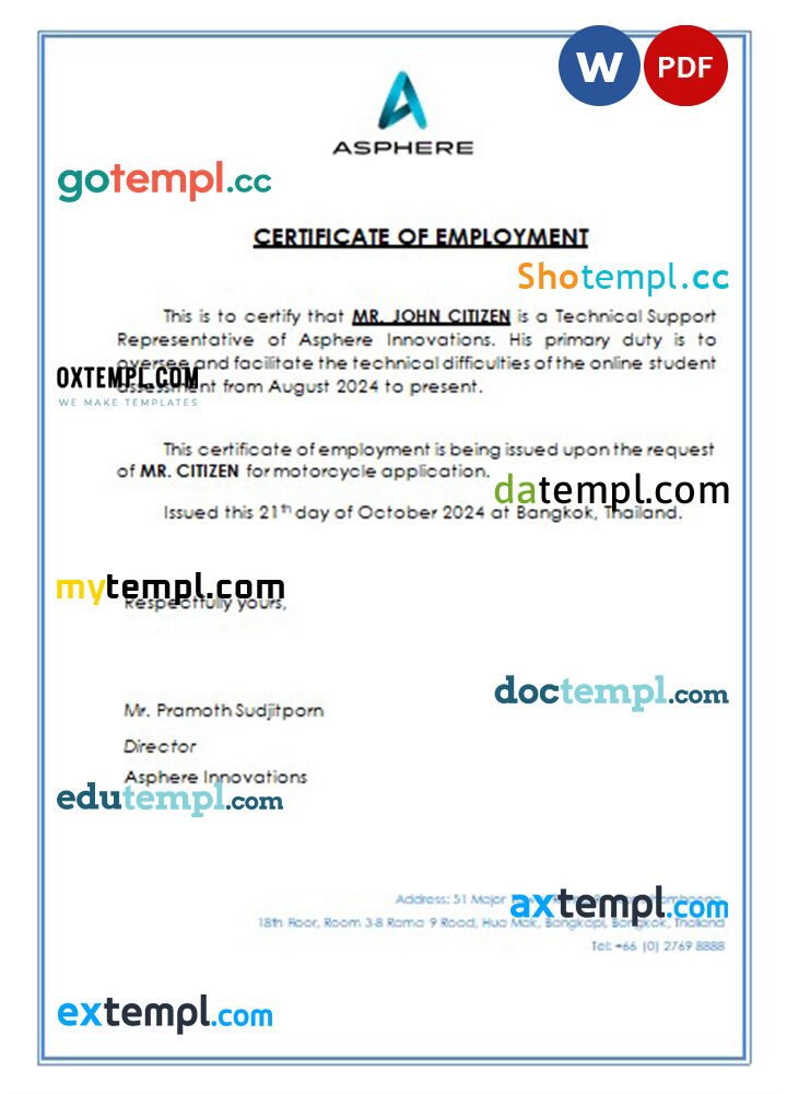 Thailand Asphere Innovations certificate of employment Word and PDF download template