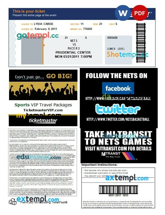 Ticketmaster's event e-ticket, Word and PDF download template