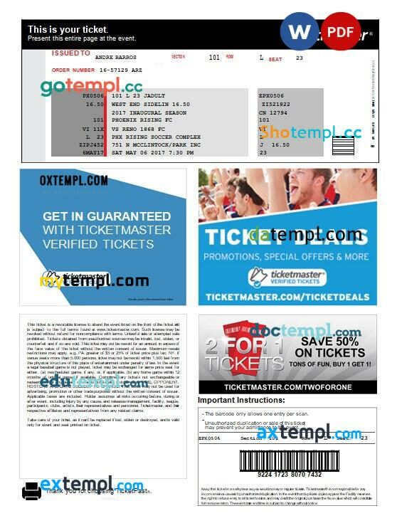 Ticketmaster's event e-ticket, Word and PDF download template, version 2