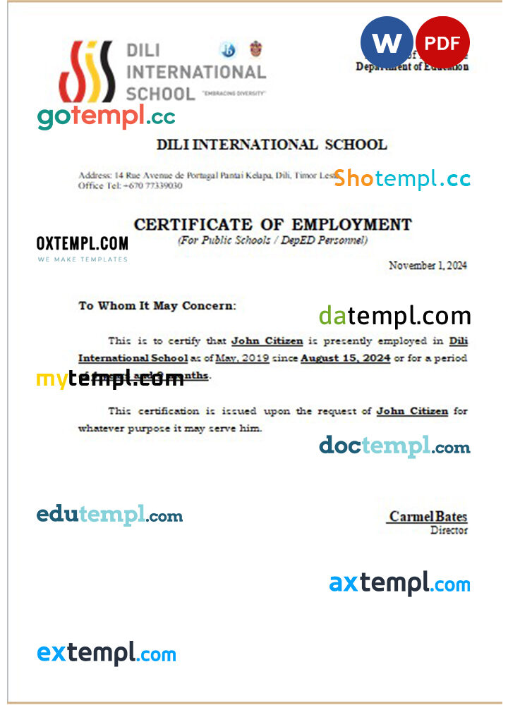 Timor-Leste Dili International School certificate of employment Word and PDF download template