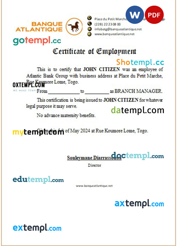 Togo Atlantic Bank Group certificate of employment Word and PDF download template