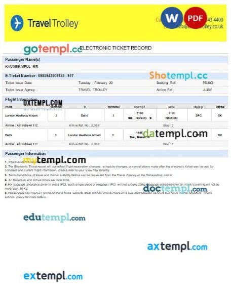 Travel Trolley airplane e-ticket, Word and PDF download template