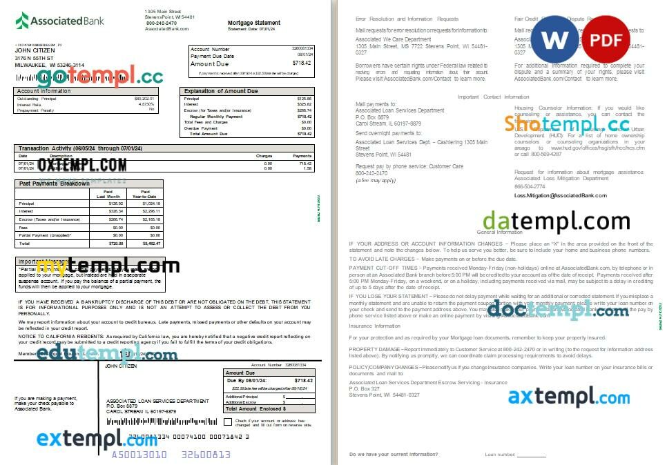 USA Associated bank mortgage statement Word and PDF template, 2 pages