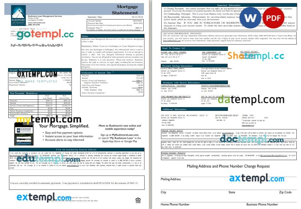 USA California Rushmore Loan Management Services LLC mortgage statement Word and PDF template, 3 pages